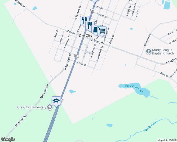 map of restaurants, bars, coffee shops, grocery stores, and more near 505 Cypress Street in Ore City