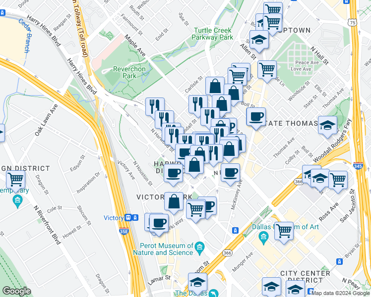 map of restaurants, bars, coffee shops, grocery stores, and more near 2828 Mc Kinnon Street in Dallas