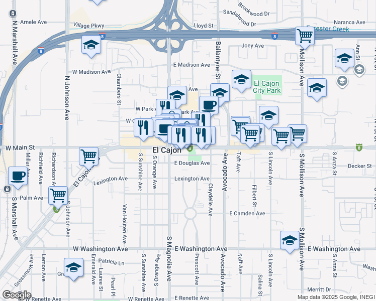 map of restaurants, bars, coffee shops, grocery stores, and more near 169 East Main Street in El Cajon