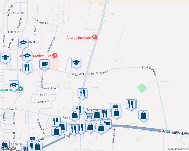 map of restaurants, bars, coffee shops, grocery stores, and more near 2180 East 32nd Street in Silver City