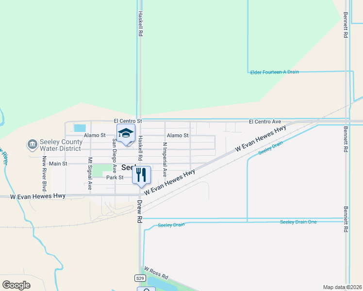 map of restaurants, bars, coffee shops, grocery stores, and more near 1768 Rio Vista Street in Seeley