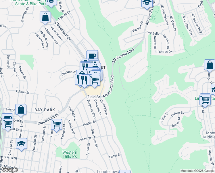map of restaurants, bars, coffee shops, grocery stores, and more near 2915 Cowley Way in San Diego