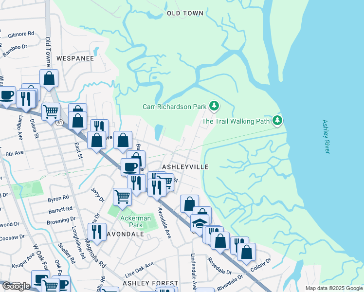 map of restaurants, bars, coffee shops, grocery stores, and more near 1833 Sycamore Avenue in Charleston