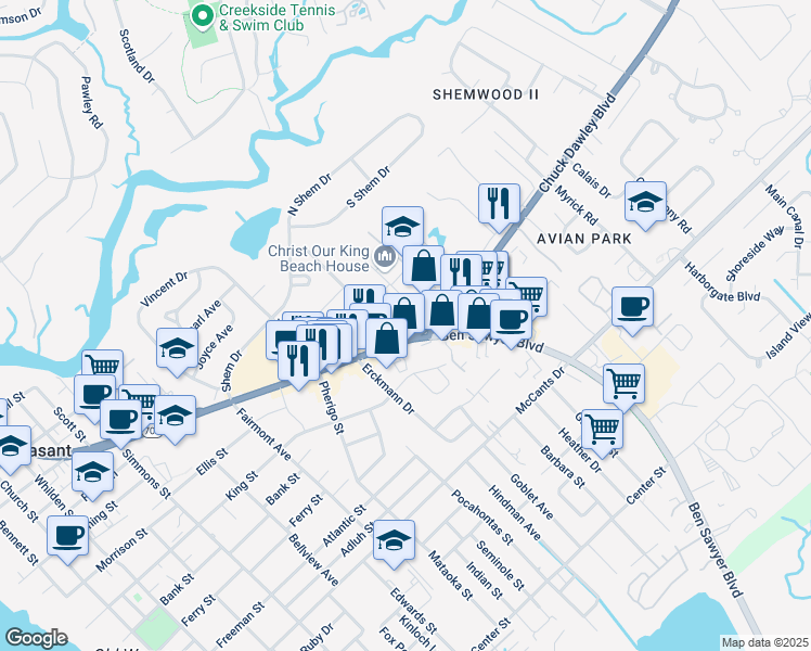 map of restaurants, bars, coffee shops, grocery stores, and more near 880 North Highway 17 in Mount Pleasant