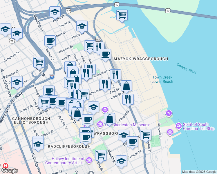 map of restaurants, bars, coffee shops, grocery stores, and more near 21 Amherst Street in Charleston