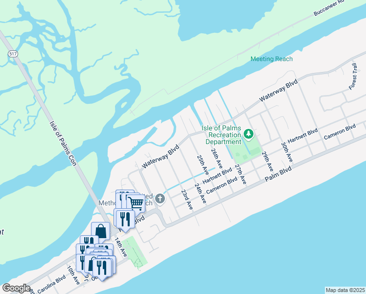 map of restaurants, bars, coffee shops, grocery stores, and more near 2304 Waterway Boulevard in Isle of Palms