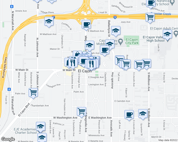 map of restaurants, bars, coffee shops, grocery stores, and more near 123 Main in El Cajon