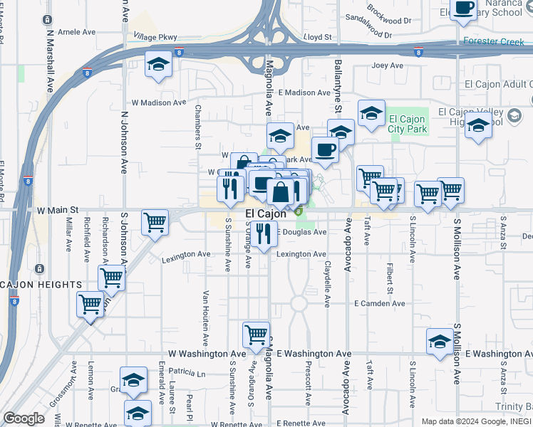 map of restaurants, bars, coffee shops, grocery stores, and more near in El Cajon