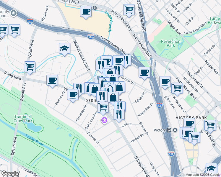 map of restaurants, bars, coffee shops, grocery stores, and more near 1451 Oak Lawn Avenue in Dallas