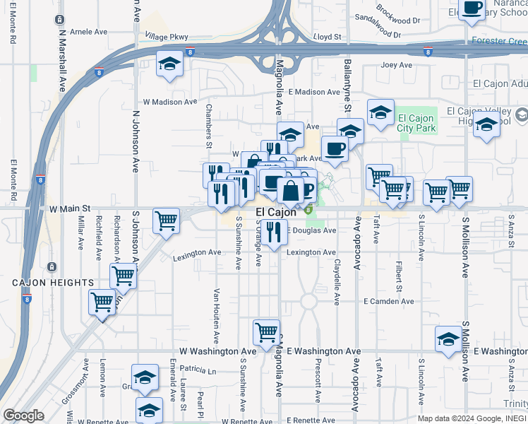 map of restaurants, bars, coffee shops, grocery stores, and more near 169 East Main Street in El Cajon