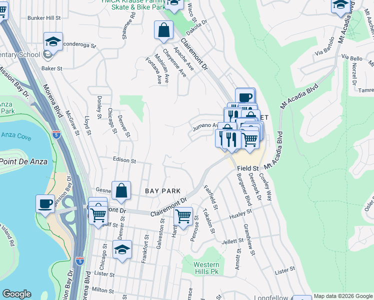 map of restaurants, bars, coffee shops, grocery stores, and more near 4627 Huron Avenue in San Diego