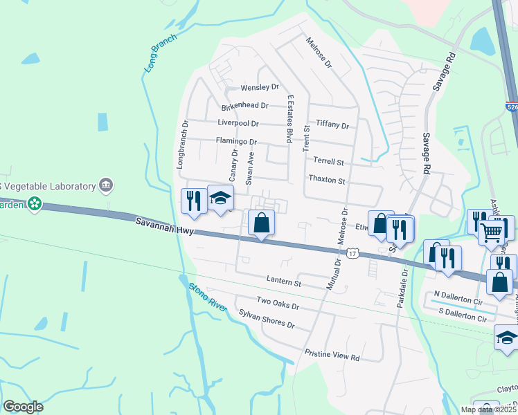 map of restaurants, bars, coffee shops, grocery stores, and more near 620 Dobbin Road in Charleston