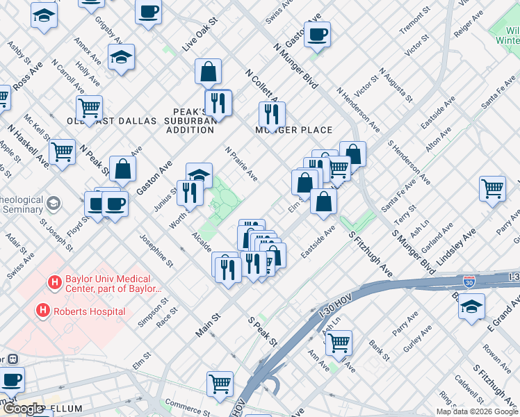 map of restaurants, bars, coffee shops, grocery stores, and more near 4615 Reiger Avenue in Dallas