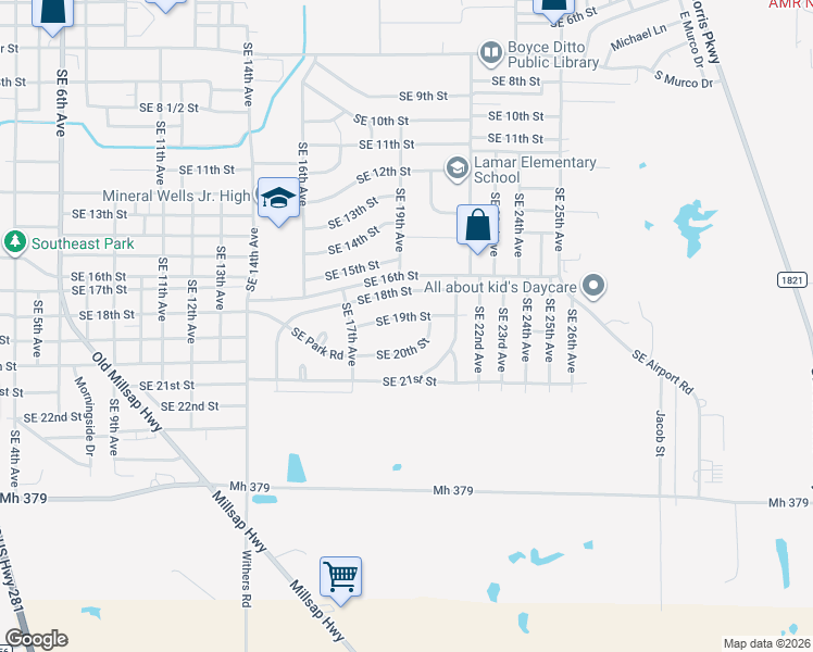 map of restaurants, bars, coffee shops, grocery stores, and more near 1915 Southeast 20th Street in Mineral Wells