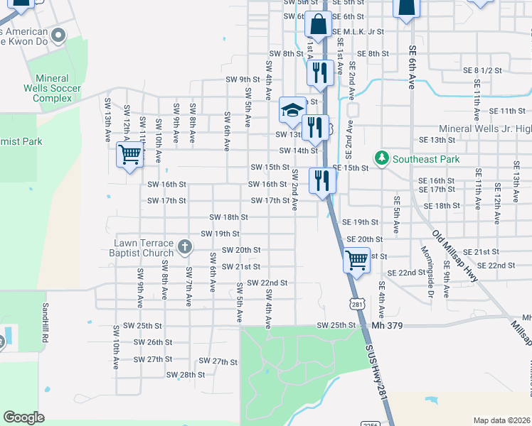 map of restaurants, bars, coffee shops, grocery stores, and more near 501 Southwest 18th Street in Mineral Wells