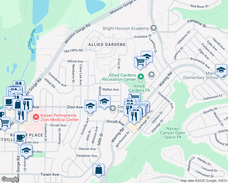 map of restaurants, bars, coffee shops, grocery stores, and more near 5054 Chaucer Avenue in San Diego
