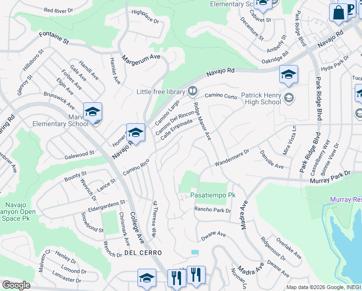 map of restaurants, bars, coffee shops, grocery stores, and more near 6173 Caminito Pan in San Diego