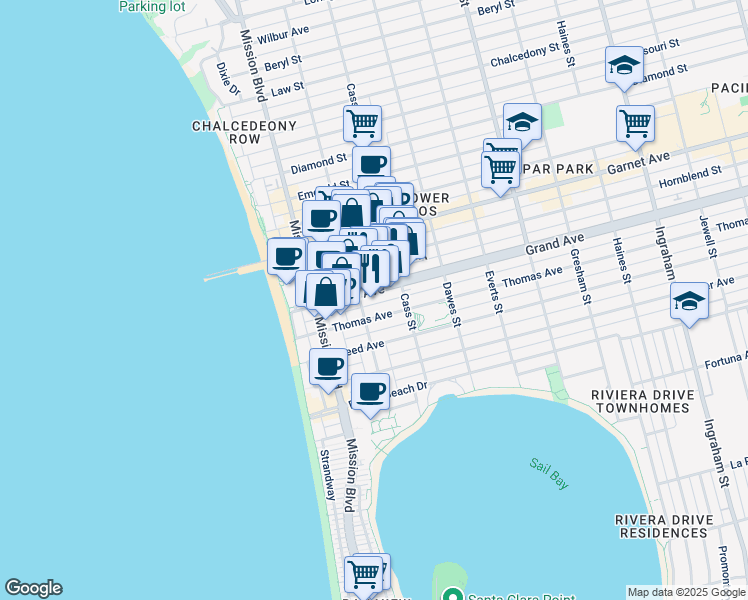 map of restaurants, bars, coffee shops, grocery stores, and more near 930 Thomas Avenue in San Diego