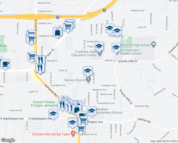 map of restaurants, bars, coffee shops, grocery stores, and more near 1507 Constancia Way in El Cajon