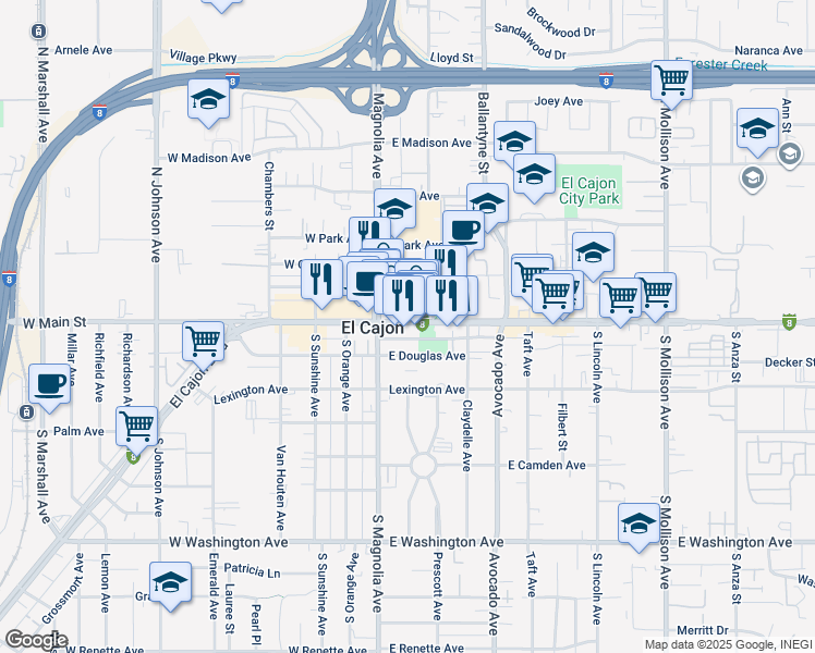 map of restaurants, bars, coffee shops, grocery stores, and more near 161 East Main Street in El Cajon