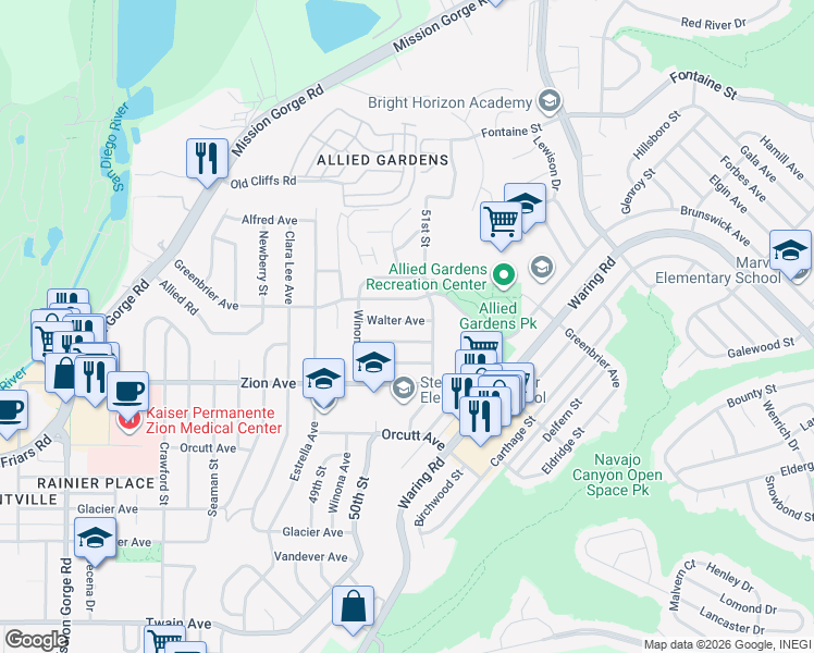 map of restaurants, bars, coffee shops, grocery stores, and more near 5054 Chaucer Avenue in San Diego