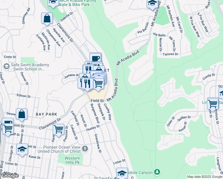 map of restaurants, bars, coffee shops, grocery stores, and more near 2909 Cowley Way in San Diego