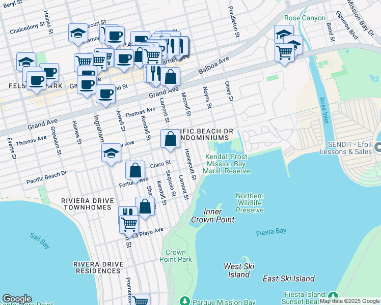 map of restaurants, bars, coffee shops, grocery stores, and more near 4036 Honeycutt Street in San Diego