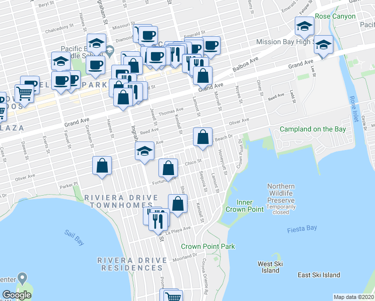 map of restaurants, bars, coffee shops, grocery stores, and more near 4080 Kendall Street in San Diego