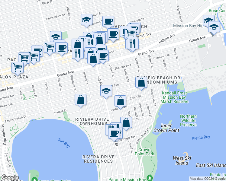 map of restaurants, bars, coffee shops, grocery stores, and more near 4109 Ingraham Street in San Diego