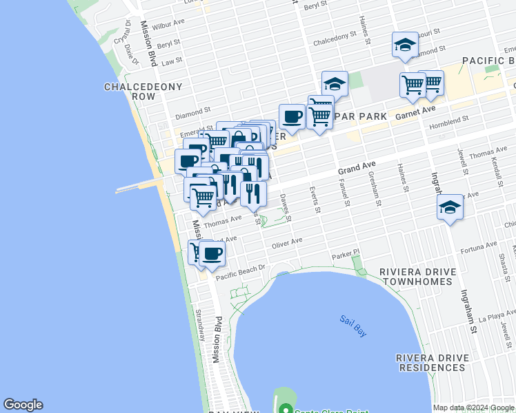 map of restaurants, bars, coffee shops, grocery stores, and more near in San Diego