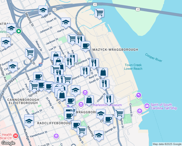 map of restaurants, bars, coffee shops, grocery stores, and more near 50A Drake Street in Charleston