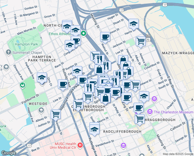 map of restaurants, bars, coffee shops, grocery stores, and more near 259 Saint Philip Street in Charleston