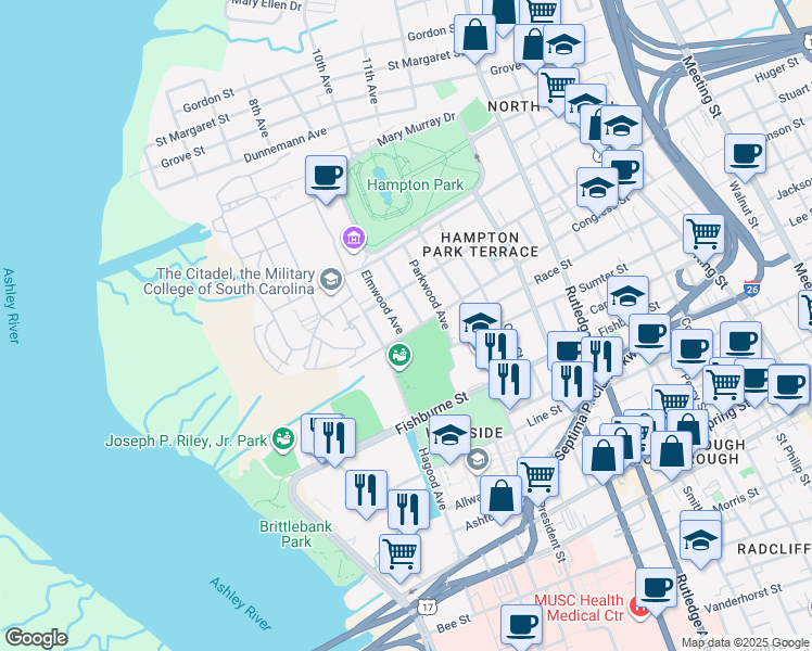 map of restaurants, bars, coffee shops, grocery stores, and more near 285 Congress Street in Charleston