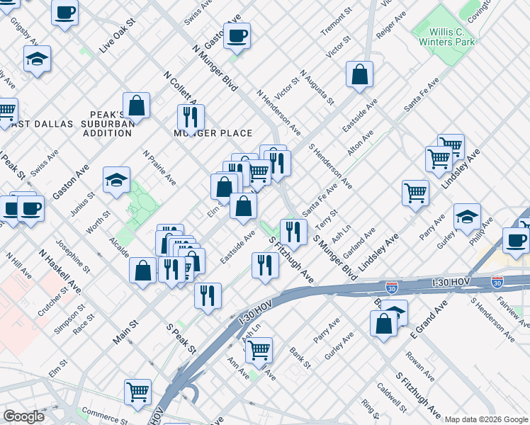 map of restaurants, bars, coffee shops, grocery stores, and more near 4900 Eastside Avenue in Dallas