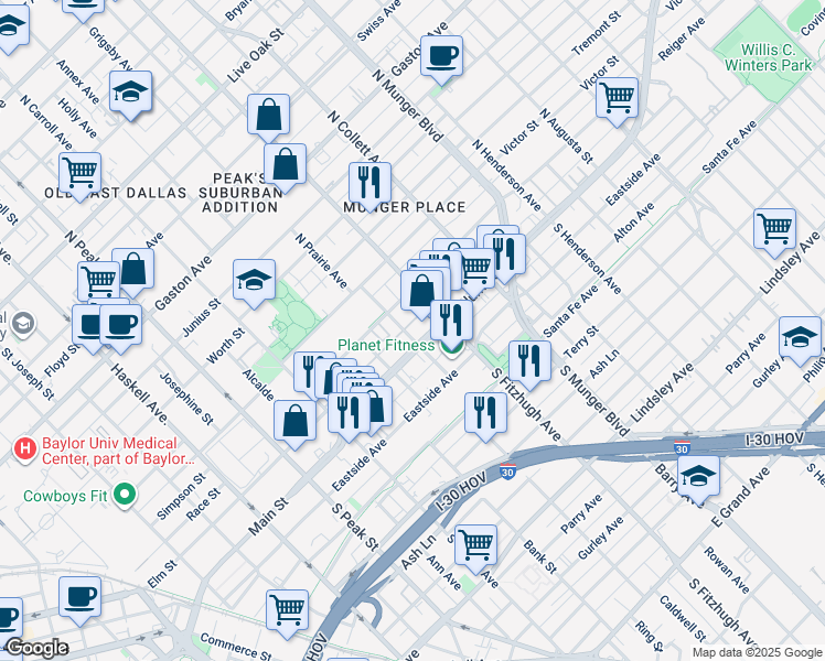 map of restaurants, bars, coffee shops, grocery stores, and more near 4729 Columbia Avenue in Dallas