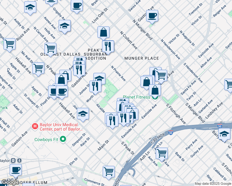 map of restaurants, bars, coffee shops, grocery stores, and more near 4526 Victor Street in Dallas