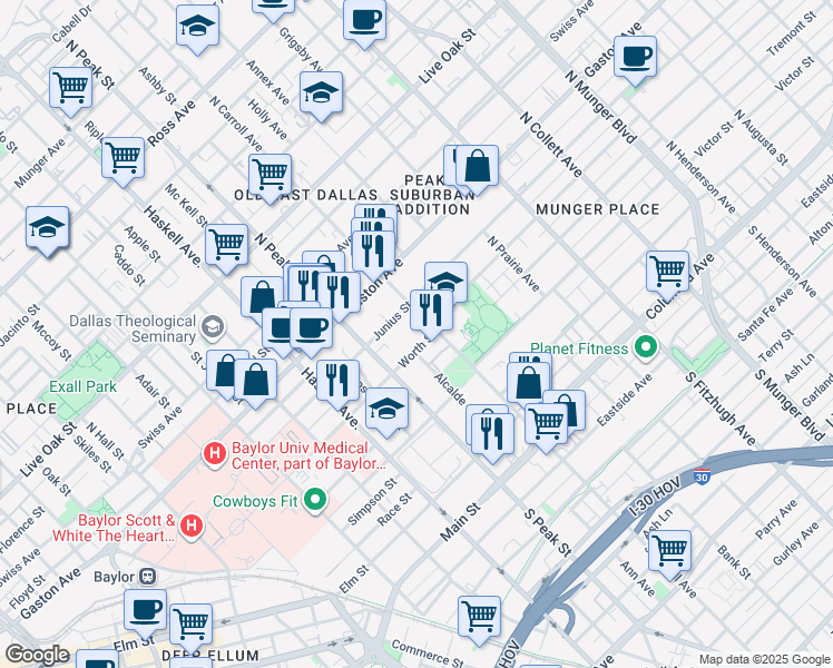 map of restaurants, bars, coffee shops, grocery stores, and more near 4403 Worth Street in Dallas