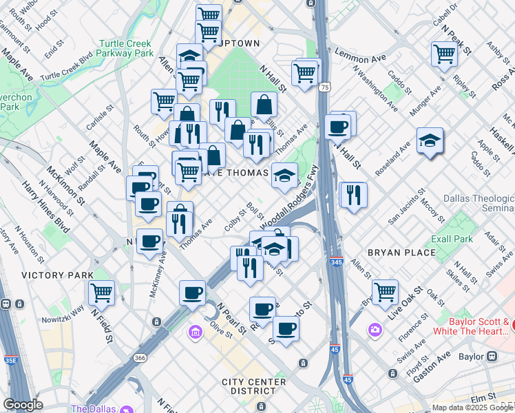 map of restaurants, bars, coffee shops, grocery stores, and more near 2710 Guillot Street in Dallas
