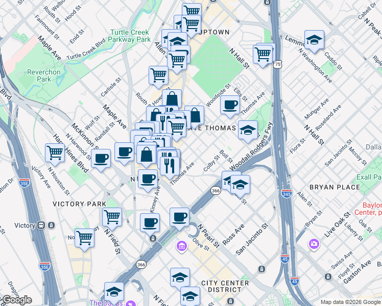 map of restaurants, bars, coffee shops, grocery stores, and more near 2500 State Street in Dallas