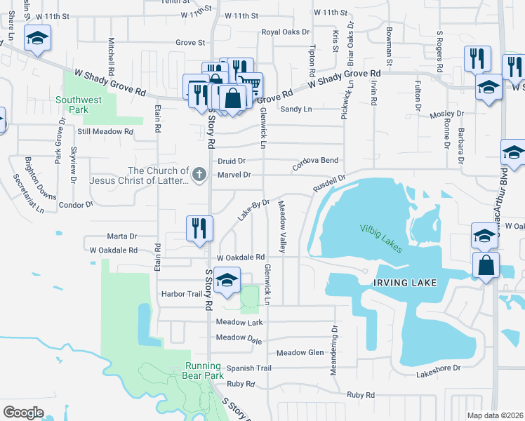 map of restaurants, bars, coffee shops, grocery stores, and more near 1634 Glenwick Lane in Irving