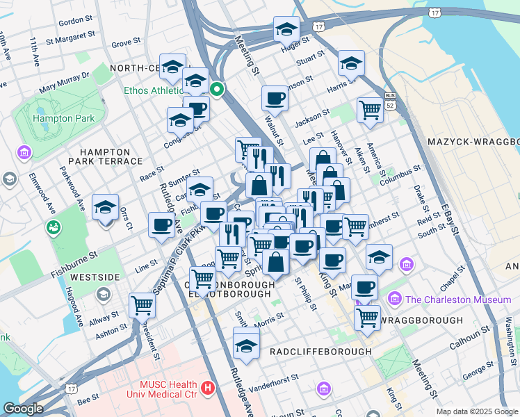 map of restaurants, bars, coffee shops, grocery stores, and more near 78 Line Street in Charleston