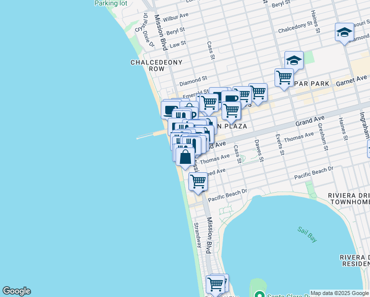 map of restaurants, bars, coffee shops, grocery stores, and more near 4340 Mission Boulevard in San Diego