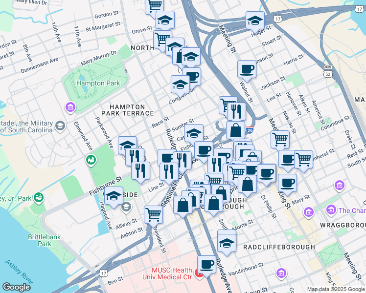 map of restaurants, bars, coffee shops, grocery stores, and more near 146 Fishburne Street in Charleston
