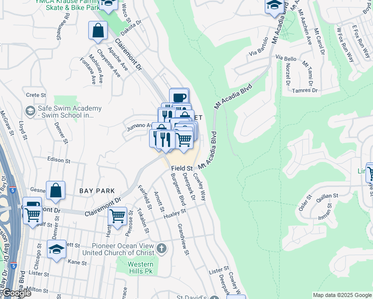 map of restaurants, bars, coffee shops, grocery stores, and more near 3051 Clairemont Dr in San Diego