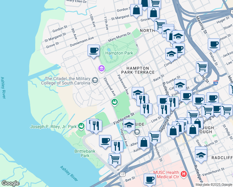 map of restaurants, bars, coffee shops, grocery stores, and more near 285 Congress Street in Charleston
