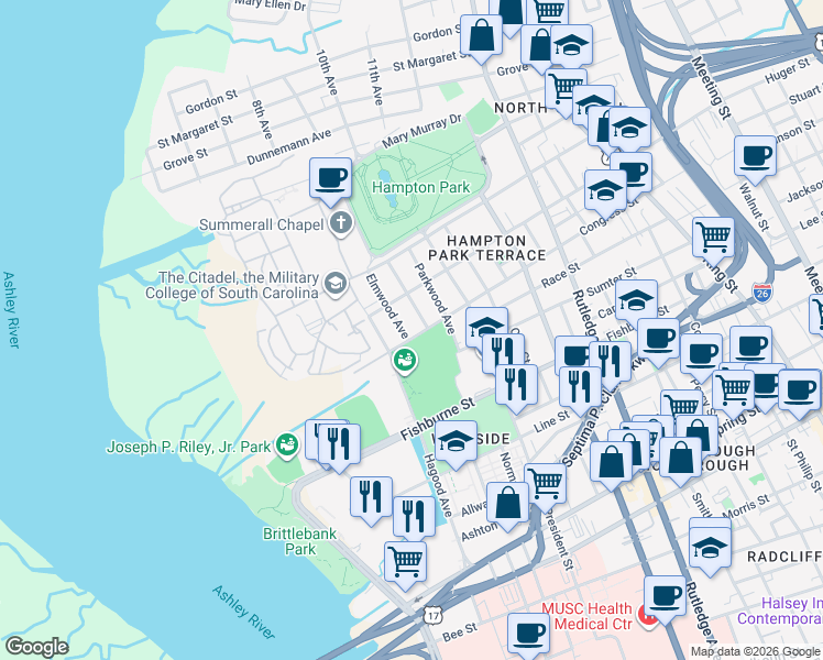 map of restaurants, bars, coffee shops, grocery stores, and more near 285 Congress Street in Charleston