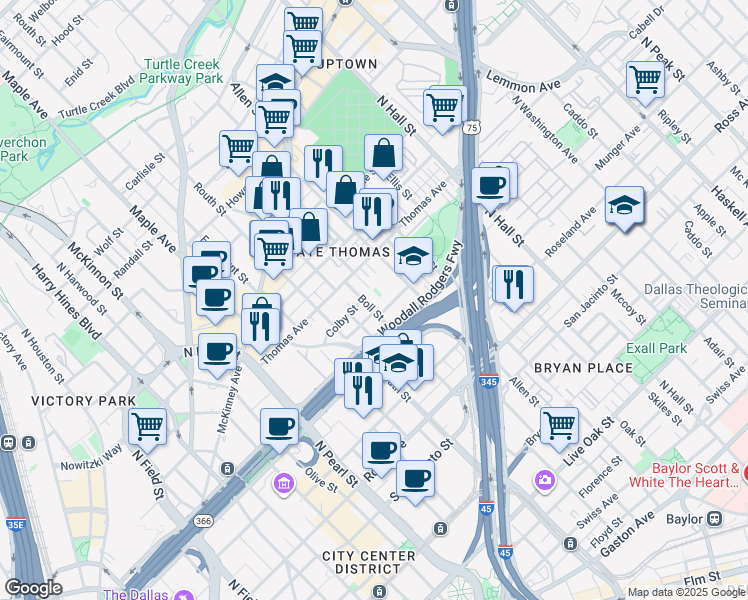 map of restaurants, bars, coffee shops, grocery stores, and more near 2710 Guillot Street in Dallas