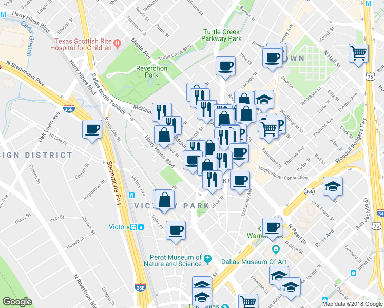 map of restaurants, bars, coffee shops, grocery stores, and more near 2838 Mc Kinnon Street in Dallas