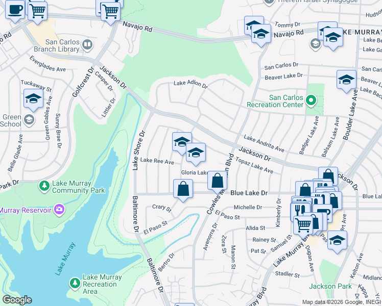 map of restaurants, bars, coffee shops, grocery stores, and more near 6269 Twin Lake Drive in San Diego