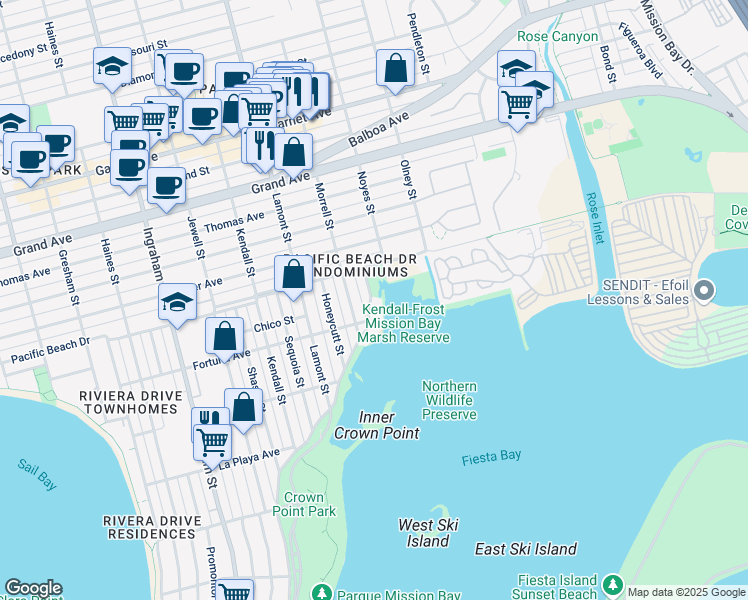 map of restaurants, bars, coffee shops, grocery stores, and more near 4013 Crown Point Drive in San Diego